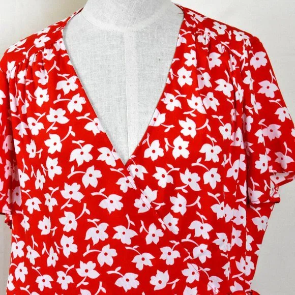 NWT J.CREW Dress 14 Red Floral Print Wrap Machine Wash - Picture 4 of 6